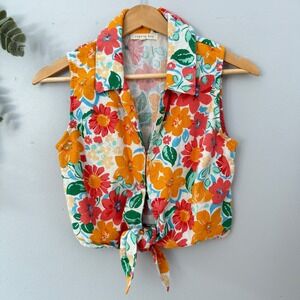Copper Key Crop Top Festival Hippie Tropical Floral Linen Sleeveless Tie Front